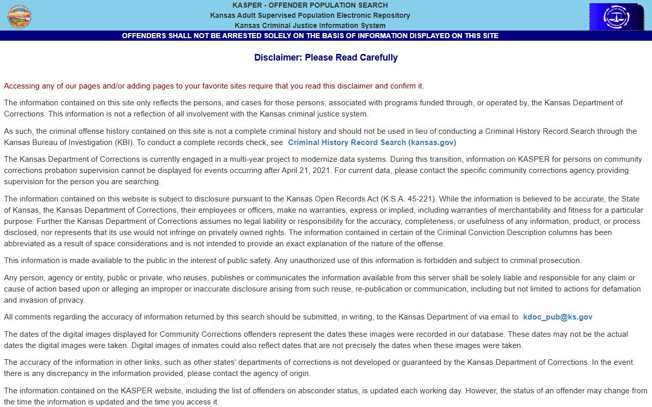 Harper County inmate search KASPER offender search disclaimer
