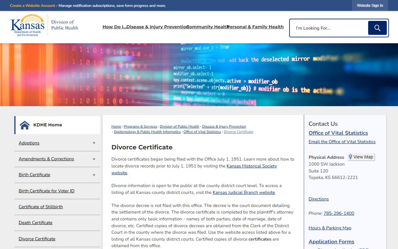 Harper County divorce records KDHE divorce certificate page