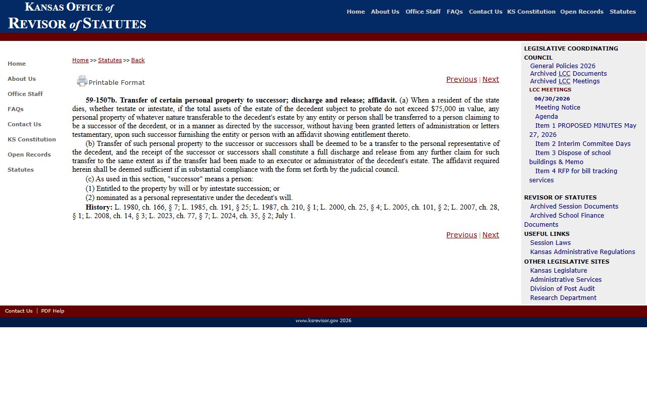 Harper County probate records Kansas small estate affidavit statute